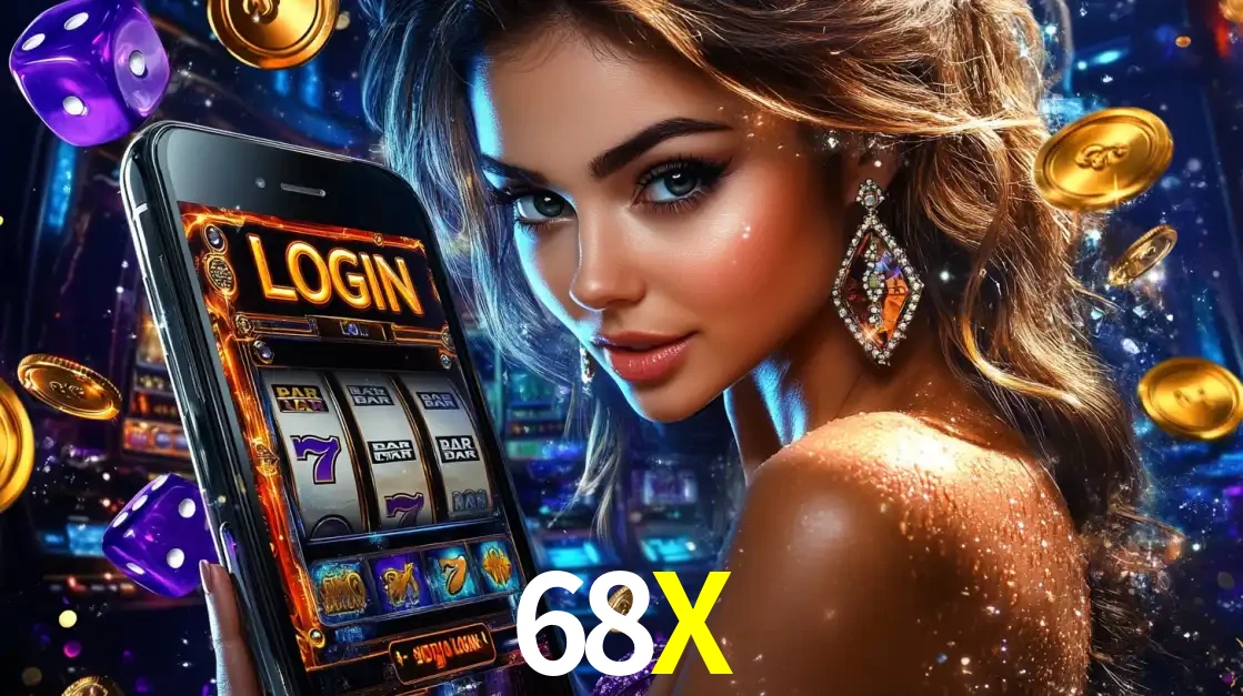 Mulher glamorosa segurando um smartphone com a tela de login para os jogos de caça-níqueis do cassino online 68X, com moedas de ouro e dados ao redor.