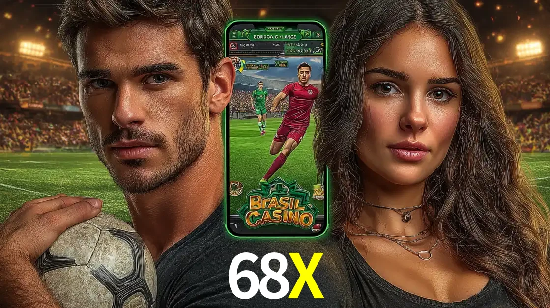 Homem segurando uma bola de futebol e uma mulher ao lado de um smartphone exibindo o jogo de apostas esportivas da 68X. Faça seu palpite no cassino online.